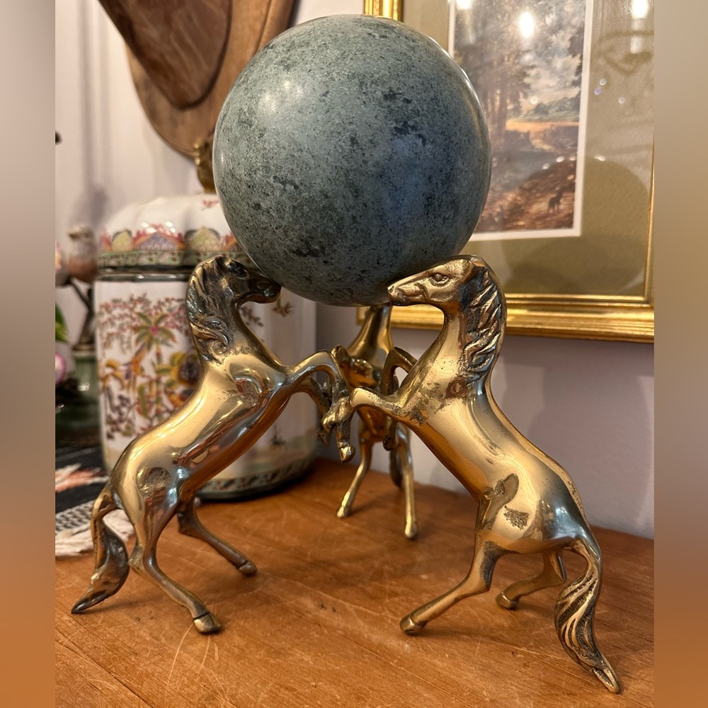 Vintage Triptych Brass Horse Stallion Figurine Decorative Stand Marble Sphere
